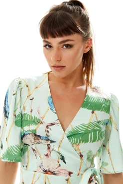 Women's Bird Print Wrap Top with V Neck, Mint Green, Cross Over Front, Perfect for Summer, Regular Fit, Co-ord Set