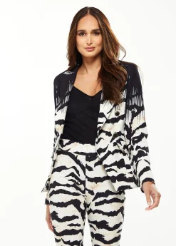 Women's Black & White Ombre Zebra Print Blazer with Collar, Single Button, and Back Slit - Liquorish