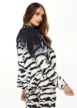 Women's Black & White Ombre Zebra Print Blazer with Collar, Single Button, and Back Slit - Liquorish
