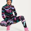 Women's Black Abstract Print Ski Base Layer Top with Zip Fastening and Thumbhole Cuffs for Comfort and Fit