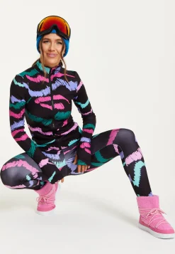 Women's Black Abstract Print Ski Base Layer Top with Zip Fastening and Thumbhole Cuffs for Comfort and Fit