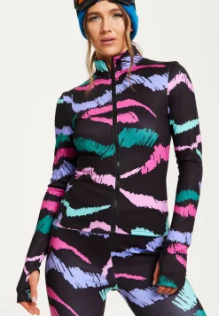 Women's Black Abstract Print Ski Base Layer Top with Zip Fastening and Thumbhole Cuffs for Comfort and Fit