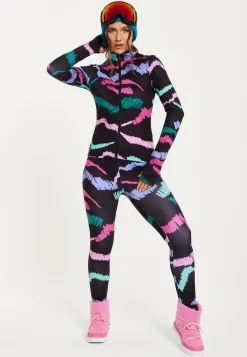 Women's Black Abstract Print Ski Base Layer Top with Zip Fastening and Thumbhole Cuffs for Comfort and Fit