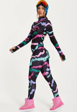 Women's Black Abstract Print Ski Base Layer Top with Zip Fastening and Thumbhole Cuffs for Comfort and Fit