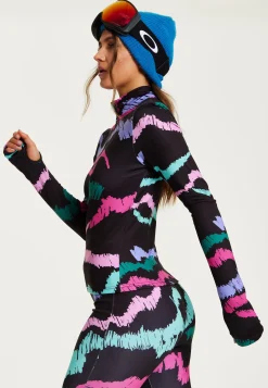 Women's Black Abstract Print Ski Base Layer Top with Zip Fastening and Thumbhole Cuffs for Comfort and Fit