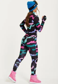 Women's Black Abstract Print Ski Base Layer Top with Zip Fastening and Thumbhole Cuffs for Comfort and Fit