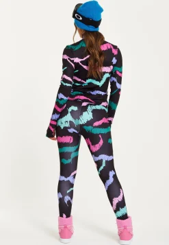 Women's Black Abstract Print Ski Base Layer Top with Zip Fastening and Thumbhole Cuffs for Comfort and Fit