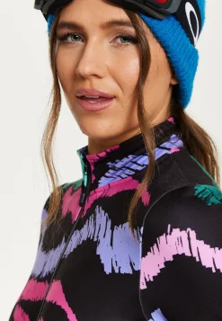 Women's Black Abstract Print Ski Base Layer Top with Zip Fastening and Thumbhole Cuffs for Comfort and Fit