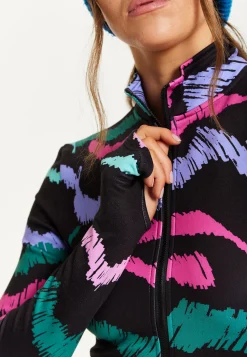 Women's Black Abstract Print Ski Base Layer Top with Zip Fastening and Thumbhole Cuffs for Comfort and Fit