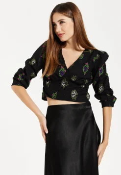Women's Black Embroidered Top with Mesh Puff Sleeves and Front Buttons - 3/4 Sleeve Length, Regular Fit, True to Size