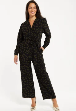 Women's Black Floral Wrap Jumpsuit with Long Sleeves and Tie Belt - Effortless Elegance by Liquorish