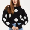 Women's Black Jumper with Long Sleeves and White Polka Dots - Adjustable Waist Tie by Liquorish