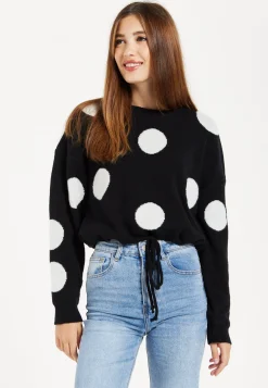 Women's Black Jumper with Long Sleeves and White Polka Dots - Adjustable Waist Tie by Liquorish