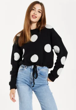 Women's Black Jumper with Long Sleeves and White Polka Dots - Adjustable Waist Tie by Liquorish