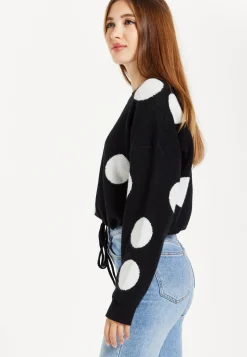 Women's Black Jumper with Long Sleeves and White Polka Dots - Adjustable Waist Tie by Liquorish