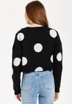 Women's Black Jumper with Long Sleeves and White Polka Dots - Adjustable Waist Tie by Liquorish