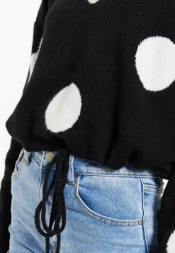 Women's Black Jumper with Long Sleeves and White Polka Dots - Adjustable Waist Tie by Liquorish