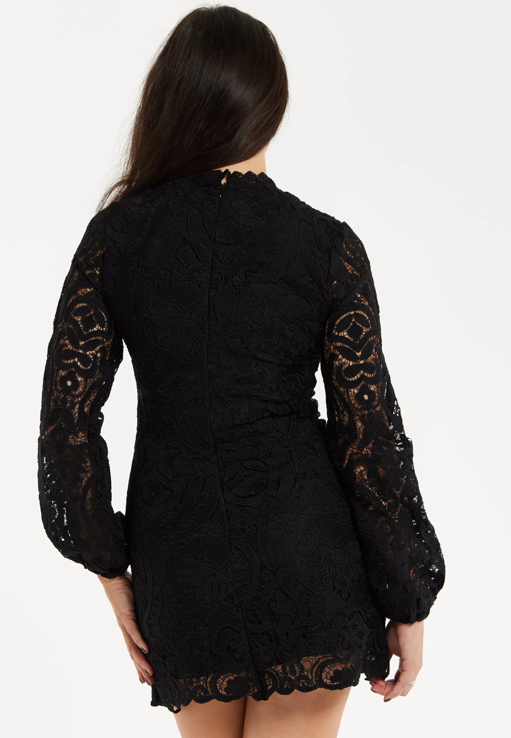 Women's Black Lace Mini Dress with Balloon Sleeves and Flower Detail - Elegant, Floral Embellishment, High Neckline.