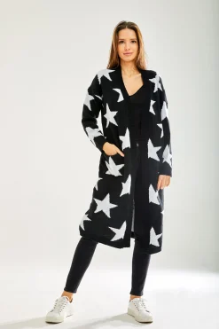 Women's Black Long Sleeve Cardigan with Star Pattern - Chic Comfort by Liquorish