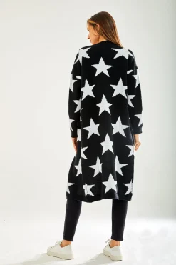 Women's Black Long Sleeve Cardigan with Star Pattern - Chic Comfort by Liquorish