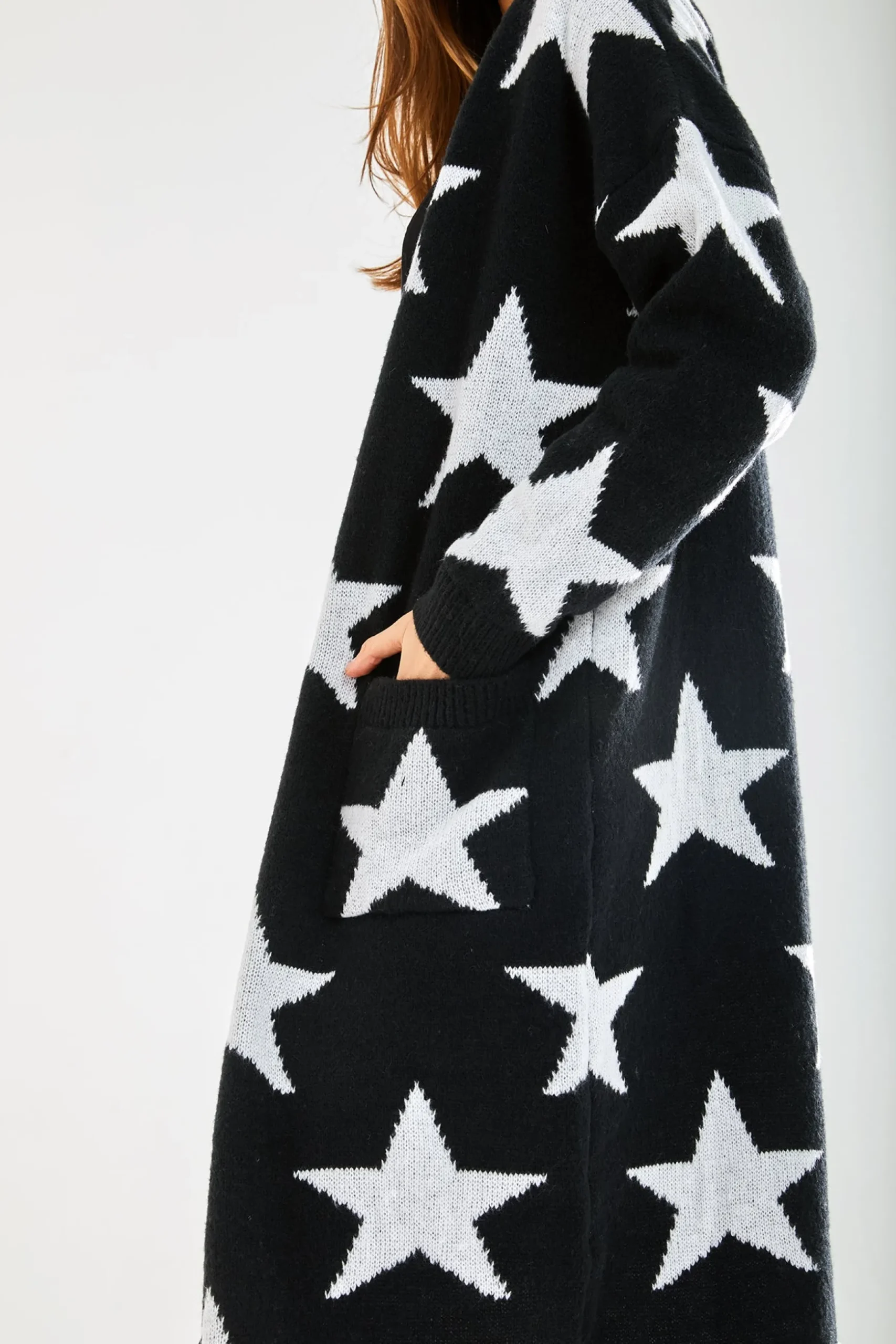 Women's Black Long Sleeve Cardigan with Star Pattern - Chic Comfort by Liquorish