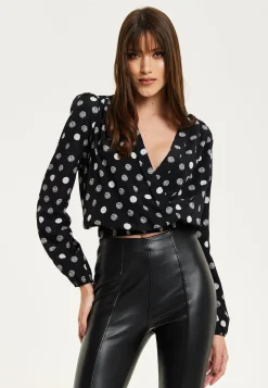 Women's Black Polka Dot Print Wrap Top with Long Sleeves, Crossover Front, V Neck, and Elasticated Waist