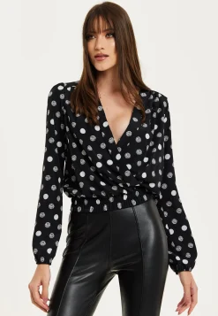 Women's Black Polka Dot Print Wrap Top with Long Sleeves, Crossover Front, V Neck, and Elasticated Waist