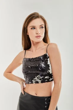 Women's Black Sequin Crop Top with Open Back Detail and Tie, Slim Fit, Crop Length, Size S 8, M 10, L 12
