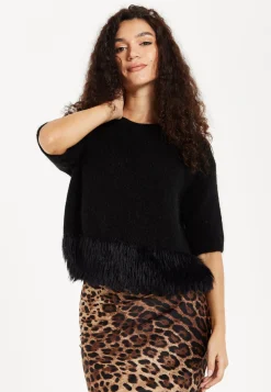 Women's Black Short Sleeves Jumper with Unique Hem Details for Comfortable Loose Fit