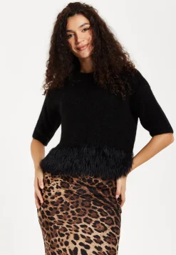 Women's Black Short Sleeves Jumper with Unique Hem Details for Comfortable Loose Fit