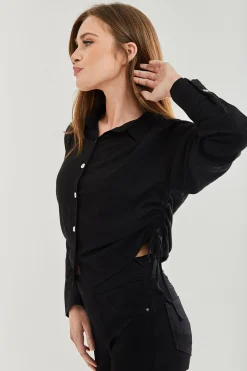 Women's Black Tie Side Blouse - Classic Style, Full Length Sleeve, Regular Fit, Available in UK Sizes 8-12.