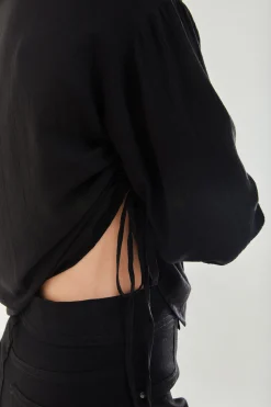 Women's Black Tie Side Blouse - Classic Style, Full Length Sleeve, Regular Fit, Available in UK Sizes 8-12.