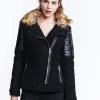 Women's Black Wool Biker Jacket with Long Sleeves and Fur Trim Collar - Liquorish