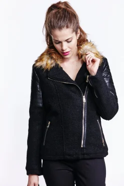 Women's Black Wool Biker Jacket with Long Sleeves and Fur Trim Collar - Liquorish