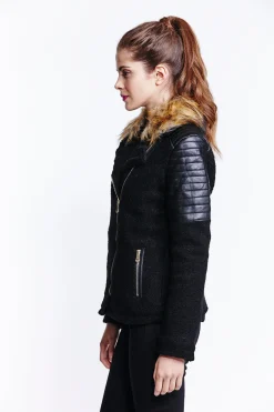 Women's Black Wool Biker Jacket with Long Sleeves and Fur Trim Collar - Liquorish