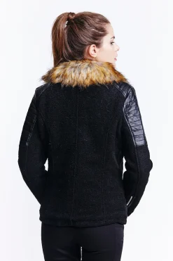 Women's Black Wool Biker Jacket with Long Sleeves and Fur Trim Collar - Liquorish