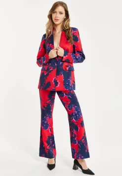 Women's Blazer - Red Floral Print, Regular Fit, Peaked Lapels, Single Button Fastening, Liquorish