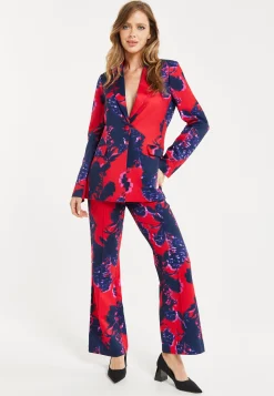 Women's Blazer - Red Floral Print, Regular Fit, Peaked Lapels, Single Button Fastening, Liquorish