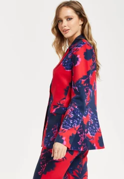 Women's Blazer - Red Floral Print, Regular Fit, Peaked Lapels, Single Button Fastening, Liquorish