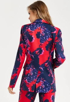 Women's Blazer - Red Floral Print, Regular Fit, Peaked Lapels, Single Button Fastening, Liquorish