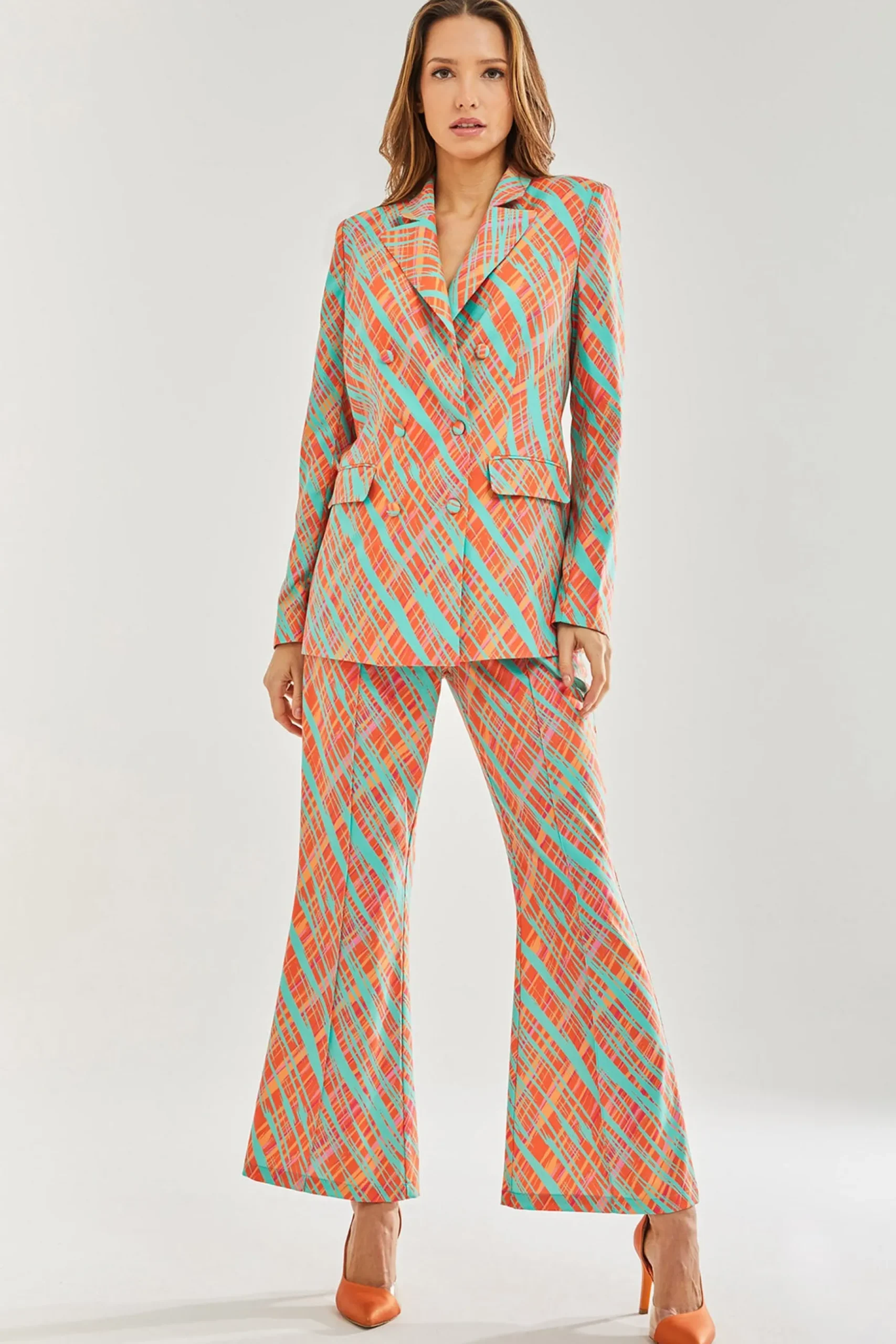 Women's Blazer - Relaxed Orange Scribble Print with Padded Shoulders, Co-ord Set, Liquorish