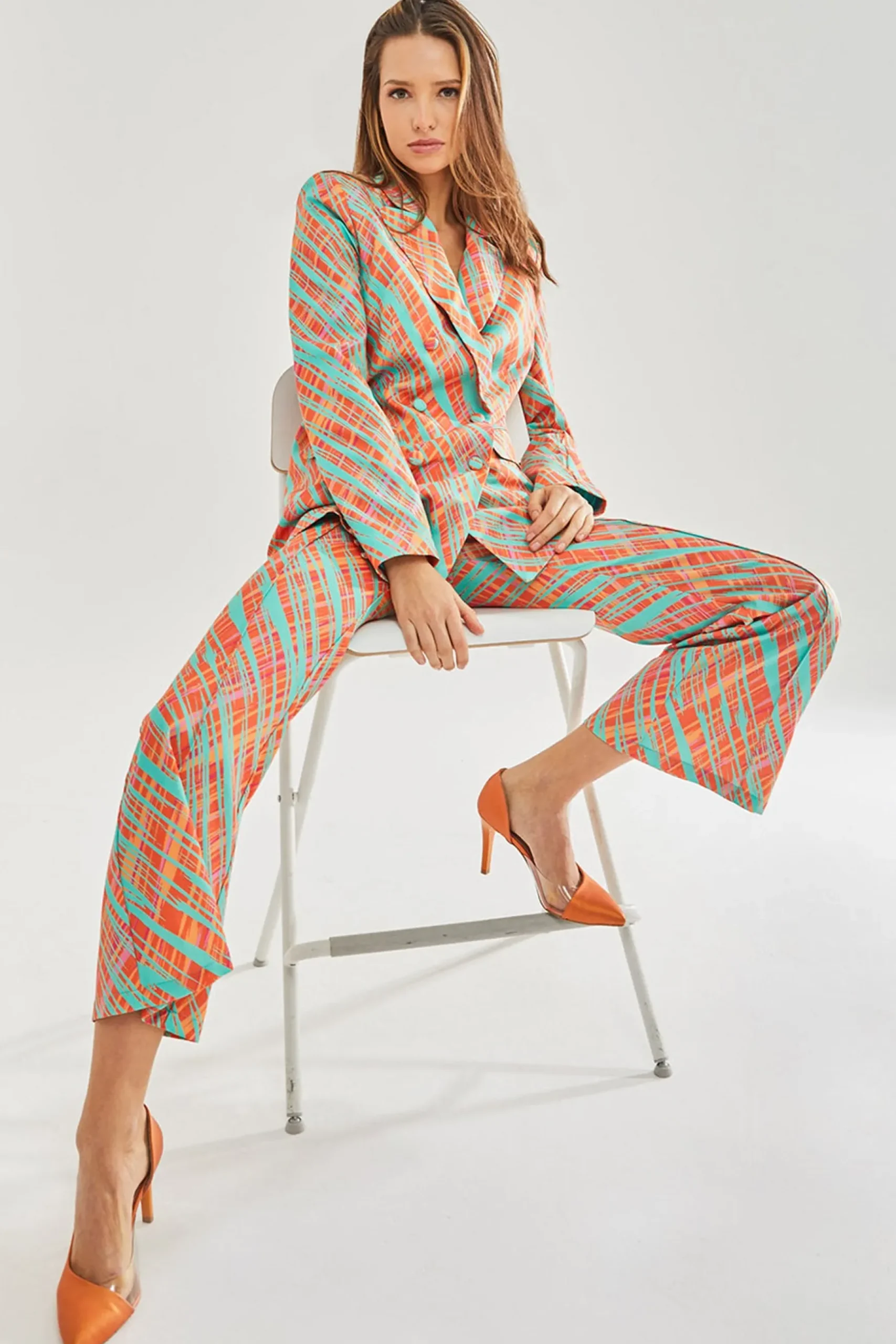 Women's Blazer - Relaxed Orange Scribble Print with Padded Shoulders, Co-ord Set, Liquorish