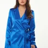 Women's Blazer Dress in Bold Blue Satin with Slit Sleeves and Unique Waist Tie - Exclusive Liquorish