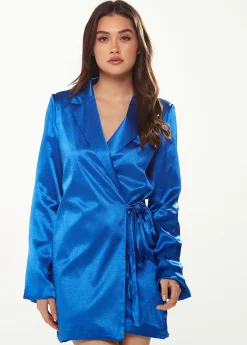 Women's Blazer Dress in Bold Blue Satin with Slit Sleeves and Unique Waist Tie - Exclusive Liquorish