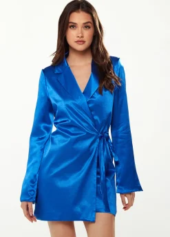 Women's Blazer Dress in Bold Blue Satin with Slit Sleeves and Unique Waist Tie - Exclusive Liquorish
