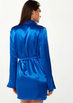 Women's Blazer Dress in Bold Blue Satin with Slit Sleeves and Unique Waist Tie - Exclusive Liquorish