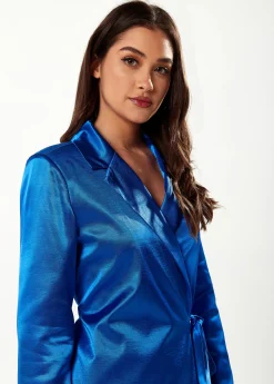 Women's Blazer Dress in Bold Blue Satin with Slit Sleeves and Unique Waist Tie - Exclusive Liquorish