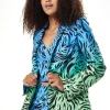 Women's Blazer in Blue and Green Ombre Zebra Print with Padded Shoulders - Liquorish
