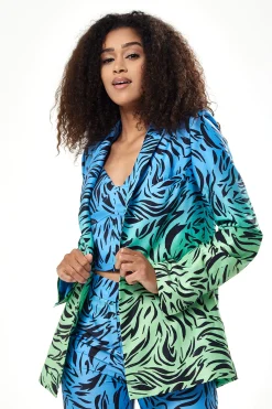 Women's Blazer in Blue and Green Ombre Zebra Print with Padded Shoulders - Liquorish