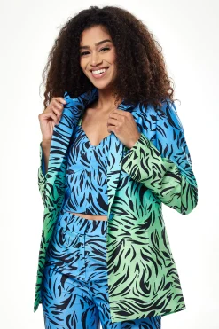 Women's Blazer in Blue and Green Ombre Zebra Print with Padded Shoulders - Liquorish